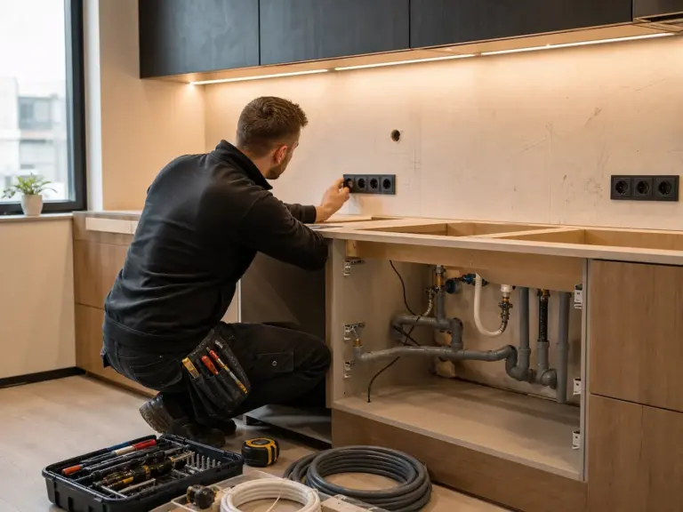 Elektrikář a instalatér připravují rozvody pro novou kuchyni